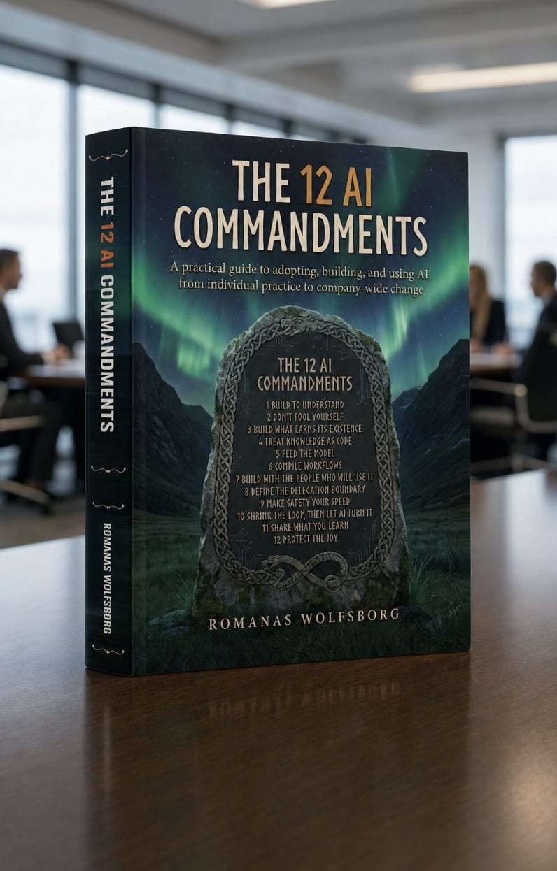 Cover of The 12 AI Commandments: a carved rune stone under the northern lights